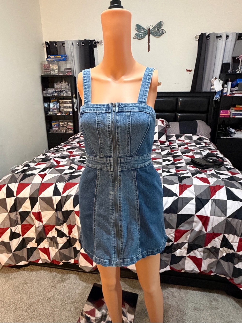 Wild Fable Denim Zip Front Mini Dress XS Blue Stretch Jean Dress